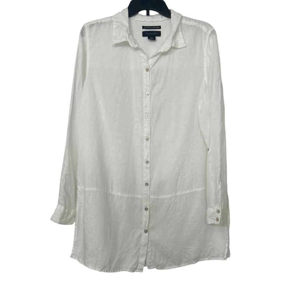 Tahari White Linen Split Hem Tunic Button Up Long Sleeve Blouse L Summer Beachy